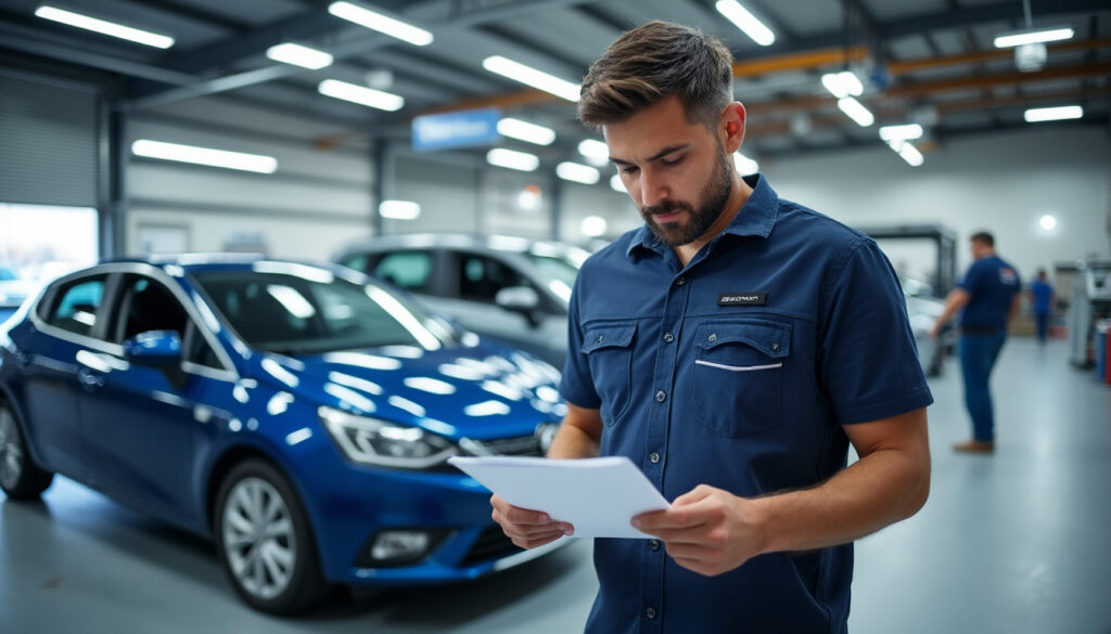 Voiture neuve devant un centre de contrôle technique