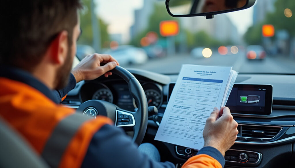 Conducteur consulttant ses documents d'assurance auto dans son véhicule