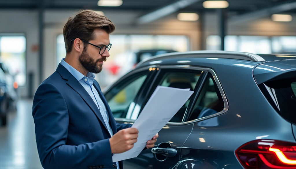 Professionnel de l'automobile avec documents achat véhicule, processus déclaration d'achat DA