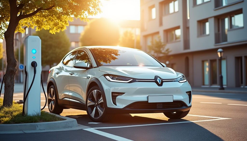 Voiture électrique en ville avec borne de recharge