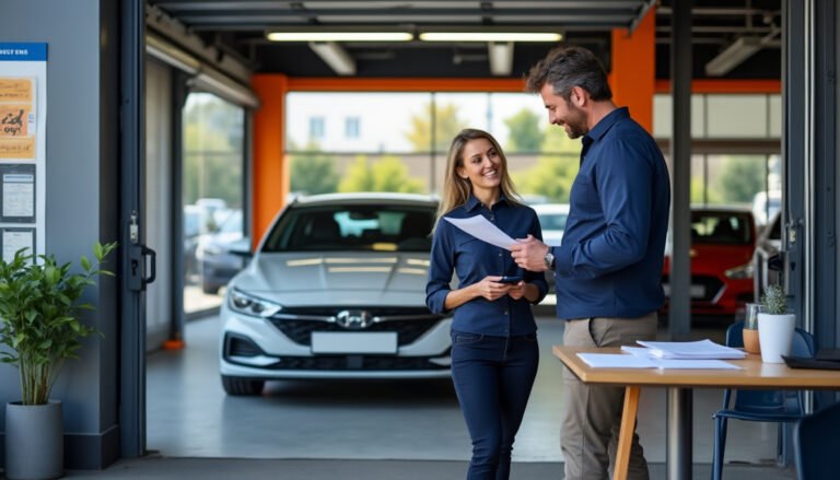 Voiture d'occasion devant un garage, vente auto
