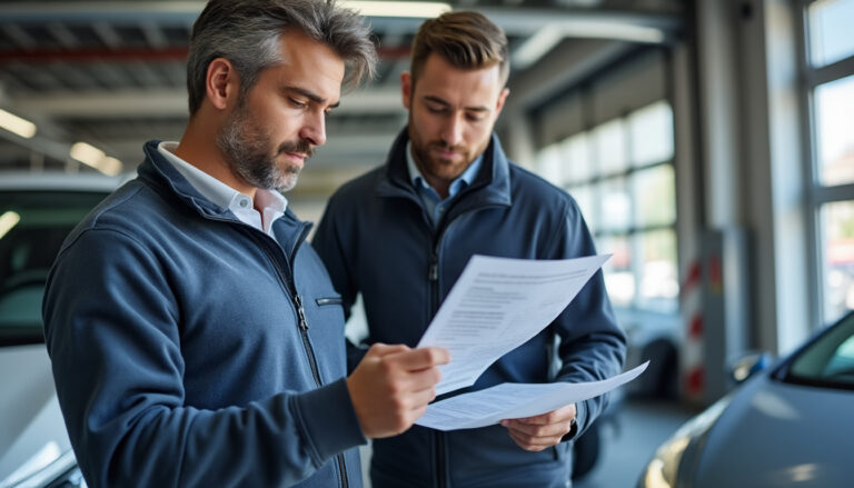 Automobiliste vérifiant les documents pour une voiture d'occasion dans un garage