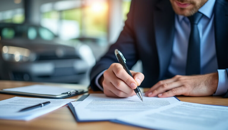 Automobiliste rédigeant une lettre de résiliation d'assurance auto avec documents