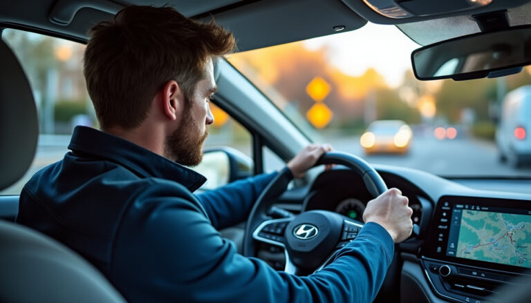 Conducteur au volant d'une voiture hybride non rechargeable en ville