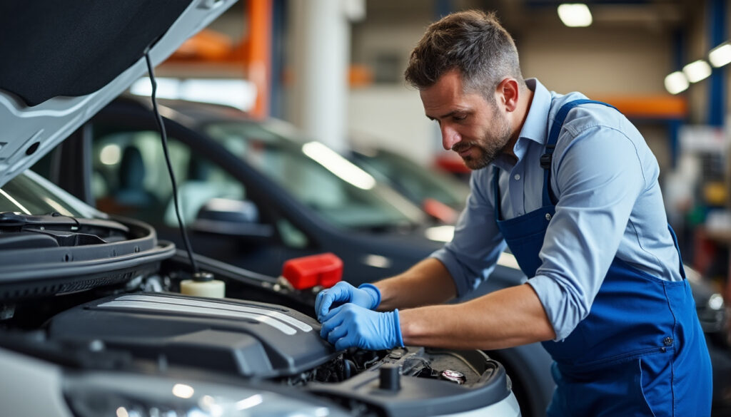 Conducteur examinant un moteur essence d'occasion
