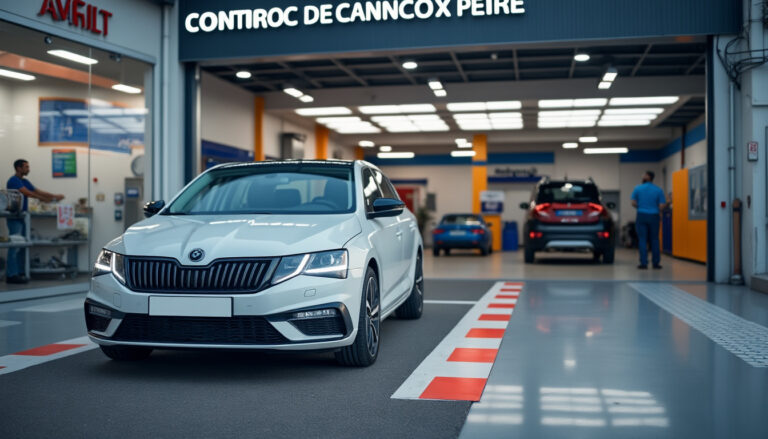 Voiture neuve devant un centre de contrôle technique