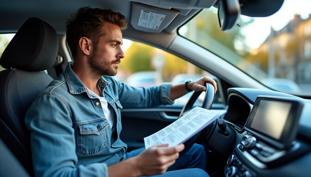 Conducteur examinant les documents d'immatriculation dans sa voiture