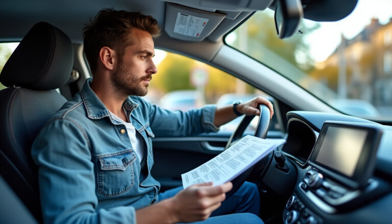 Conducteur examinant les documents d'immatriculation dans sa voiture