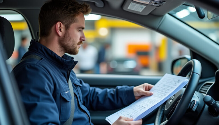 Conducteur présentant sa voiture au contrôle technique dans un centre automobile