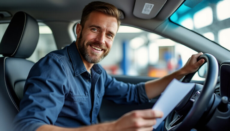 Conducteur discutant avec un professionnel dans un garage automobile moderne