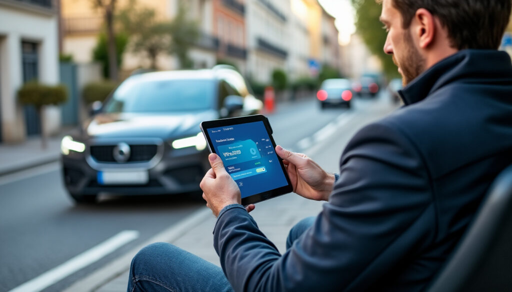 Automobiliste utilisant un simulateur de coût carte grise sur ordinateur