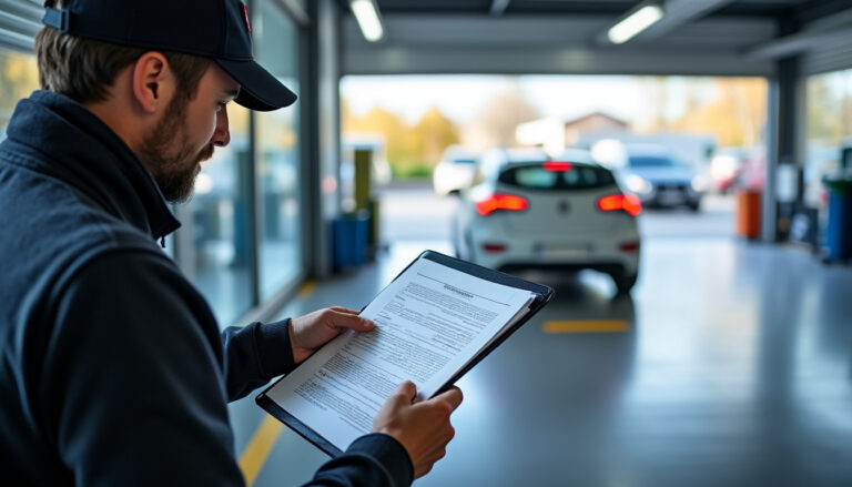 Conducteur vérifiant les documents du contrôle technique avant une vente